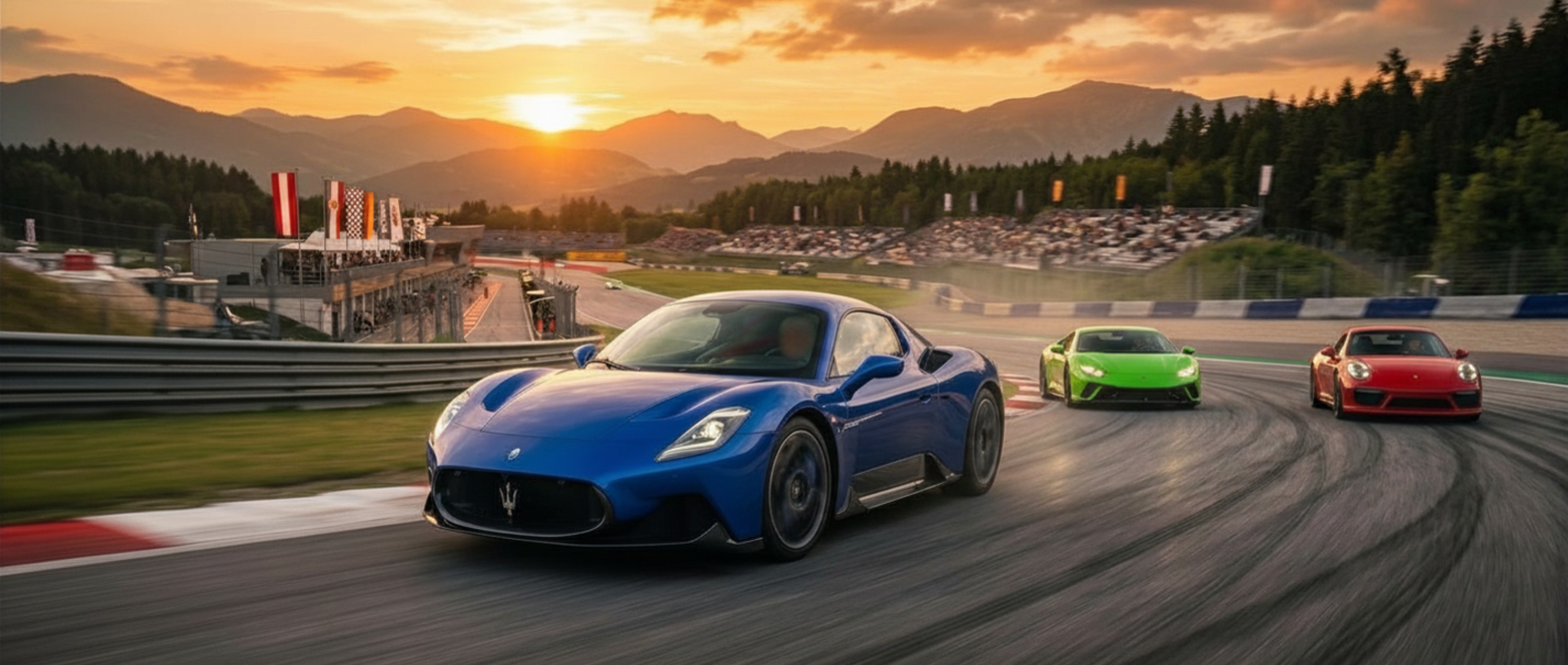 Versenyautók a pályán napnyugtakor - Maserati, Lamborghini és Ferrari